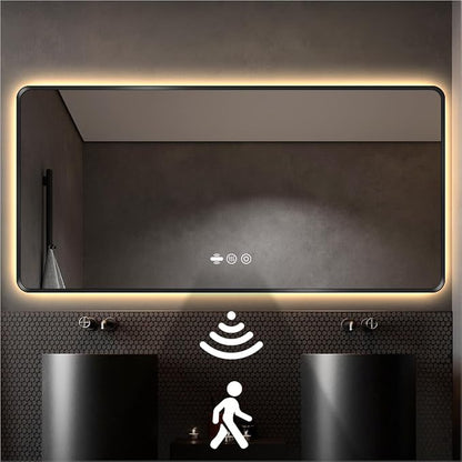 72" x 36" Black LED Mirror for Bathroom with Lights - Motion Sensor | Smart Backlit Mirror Bathroom, Anti-Fog, Stepless Dimmable & 3-Color, Metal Framed Rounded-Corner, UL-Listed, CRI≥93