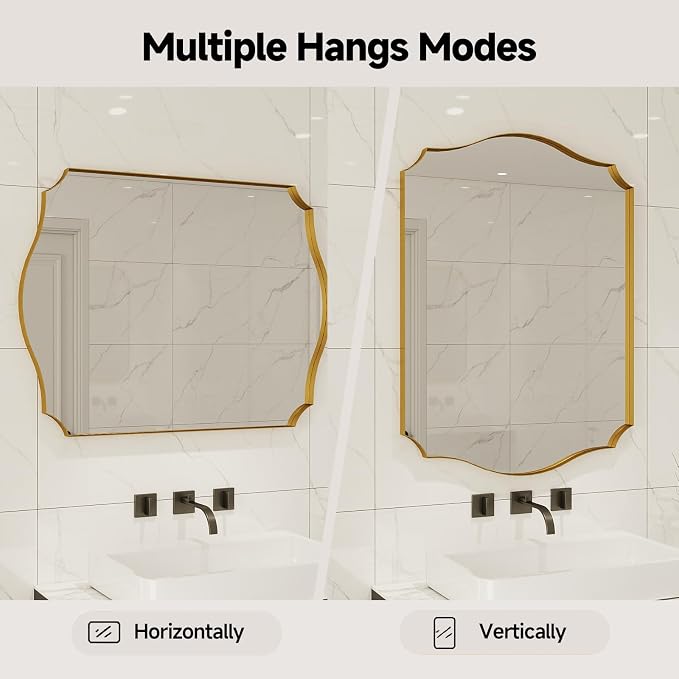 Gold Vanity Wall Mirror 36"x24", Scalloped Edge Bathroom Mirror | Rust-Proof Metal Frame, Hangs Vertically/Horizontally, Decorative Bathroom Mirror, For Vanity, Bedroom & Entryway