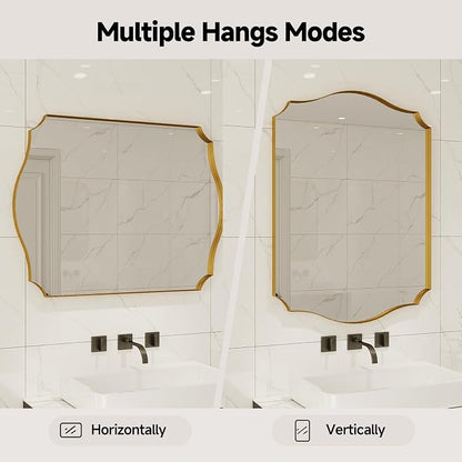 Gold Vanity Wall Mirror 30"x22", Scalloped Edge Bathroom Mirror | Rust-Proof Metal Frame, Hangs Vertically/Horizontally, Decorative Bathroom Mirror, For Vanity, Bedroom & Entryway