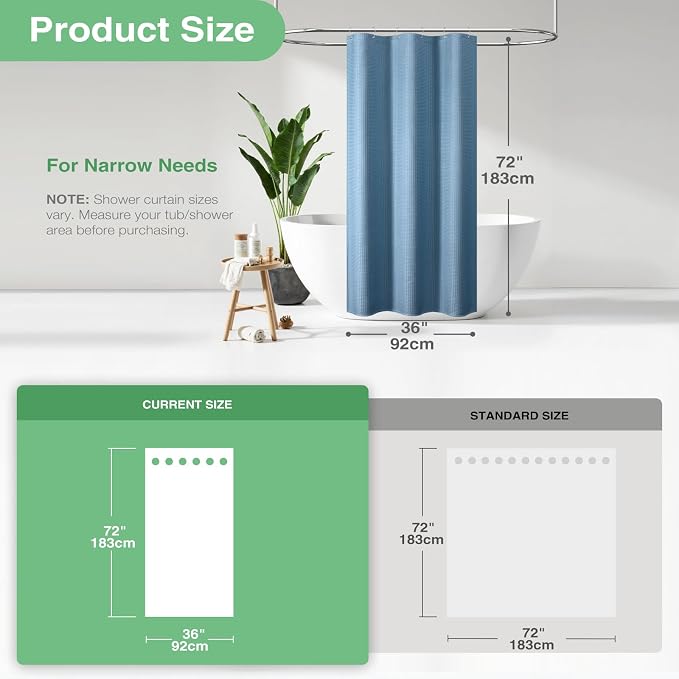 Stall Waffle Shower Curtain 256 GSM Heavy 36"x72" Moonlight Blue | Narrow Half Size, Thick Cloth, Weighted Hem, Water Repellent, Hotel Luxury Polyester Shower Curtain Set for Bathroom 6 Hooks