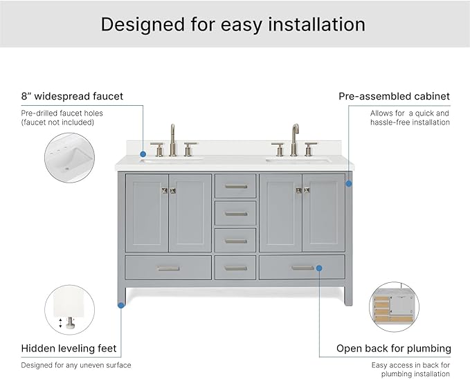 ARIEL Cambridge 60-inch Bathroom Vanity with Sink,Solid Wood, 1.5-inch Pure White Quartz Countertop & Backsplash, Double Rectangular Porcelain Sink, 4 Soft Closing Doors, 6 Dovetail Drawers, Grey