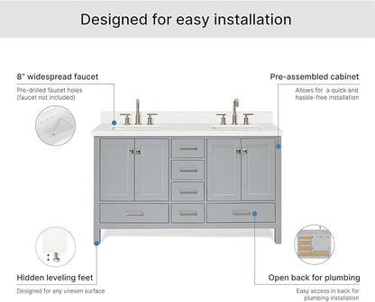 ARIEL Cambridge 60-inch Bathroom Vanity with Sink,Solid Wood, 1.5-inch Pure White Quartz Countertop & Backsplash, Double Rectangular Porcelain Sink, 4 Soft Closing Doors, 6 Dovetail Drawers, Grey