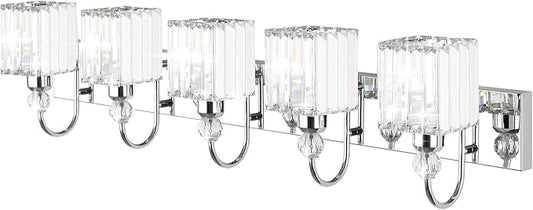 Ralbay Chrome Crystal Vanity Lights 5-Lights 40'' Modern Crystal Bathroom Light Fixtures Modern Crystal Vanity Lighting Over Long Mirror Bathroom Wall Lighting Fixtures