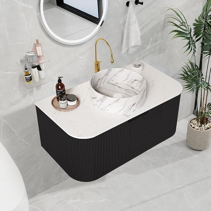 LKTART 36 Inch Floating Bathroom Vanity with Sink, Modern Wall Mounted Bathroom Storage Cabinet with Drawer, Stone Pattern Round White Ceramic Sink Top and Marble Texture Top, Black