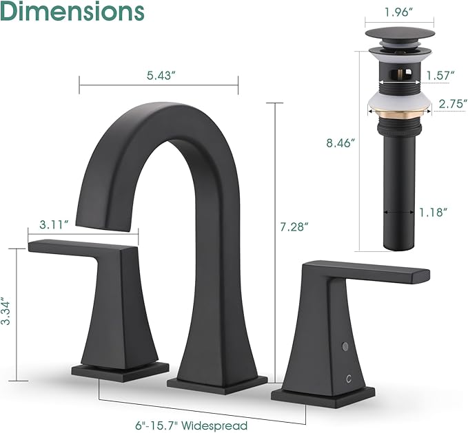 Bathroom Faucets for Sink, 2 Handle Widespread Bathroom Sink Faucet, 3 Hole Modern Stainless Steel Faucet with Pop-up Drain and Water Supply Lines, Matte Black