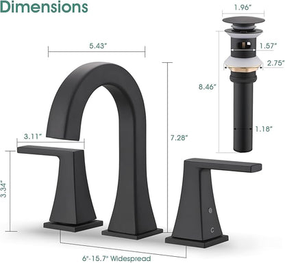 Bathroom Faucets for Sink, 2 Handle Widespread Bathroom Sink Faucet, 3 Hole Modern Stainless Steel Faucet with Pop-up Drain and Water Supply Lines, Matte Black