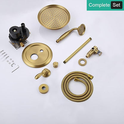 Antique Rain Shower Faucet Set with Handheld Sprayer | Brushed Titanium Gold, Multi-layer Plating, Vintage Rainfall, 2-Function Diverter Brass Valve, Ceiling Mount Easy Install