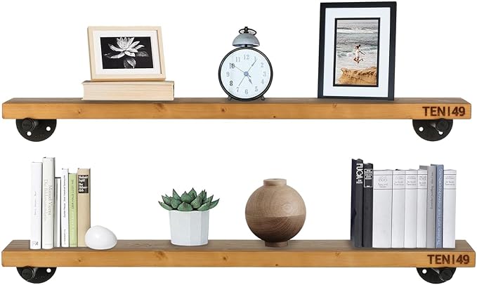 TEN49 Real Wood Rustic Floating Shelves Wall - 36 Wide Small Wooden Industrial Pipe Shelving - Farmhouse Pipe Wall Shelves Furniture Bathroom Decor Art Shelf Kitchen - Light Walnut Color - Set of 2
