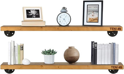 TEN49 Real Wood Rustic Floating Shelves Wall - 36 Wide Small Wooden Industrial Pipe Shelving - Farmhouse Pipe Wall Shelves Furniture Bathroom Decor Art Shelf Kitchen - Light Walnut Color - Set of 2