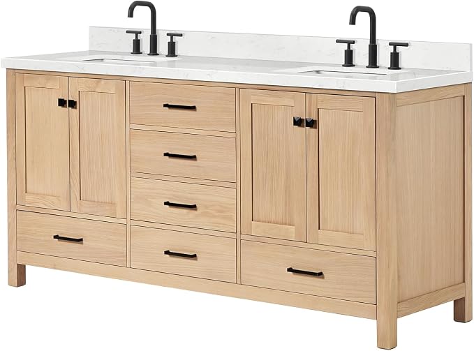 ARIEL Cambridge 72-inch Bathroom Vanity with Sink,Solid Wood, 1.5-inch Carrara White Quartz Countertop, Double Rectangular Porcelain Sink, 4 Soft Closing Doors, 6 Dovetail Drawers, White Oak