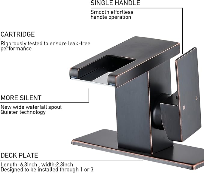 LED Bathroom Sink Faucet, Oil Rubbed Bronze Waterfall Single Hole Handle Vanity Faucets for Sinks 1 Hole with Metal Pop Up Drain and 2 Water Supply Lines, Side Handle