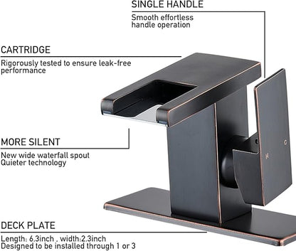 LED Bathroom Sink Faucet, Oil Rubbed Bronze Waterfall Single Hole Handle Vanity Faucets for Sinks 1 Hole with Metal Pop Up Drain and 2 Water Supply Lines, Side Handle