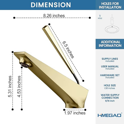 Bathroom Sink Faucet Brushed Gold, Single Handle Brass Sink Faucet with Unique Design, Single Hole Basin Mixer for Lavatory, Vanity, RV, Modern Farmhouse, Suitable for 1 Hole