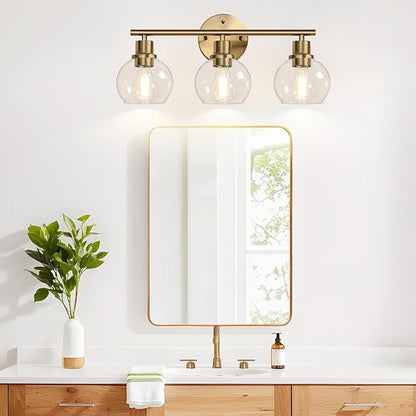 3-Light Bathroom Light Fixtures, Brushed Brass Bathroom Lights Over Mirror with Clear Glass Globe Shade, Vanity Lights for Bathroom Kitchen Living Room Hallway Cabinet Bedroom Porch