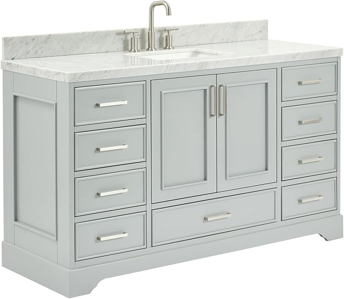 Langford 60-inch Grey Bathroom Vanity with Center Rectangle Single Sink, Italian Carrara Marble Countertop & Backsplash, Solid Wood Frame, Soft-Closing & Dovetail Drawers