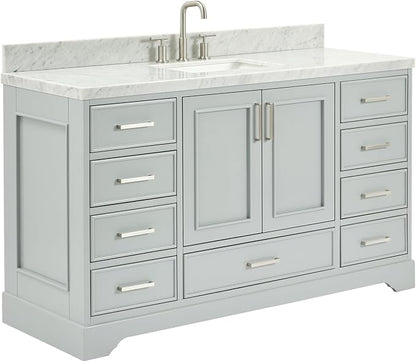 Langford 60-inch Grey Bathroom Vanity with Center Rectangle Single Sink, Italian Carrara Marble Countertop & Backsplash, Solid Wood Frame, Soft-Closing & Dovetail Drawers