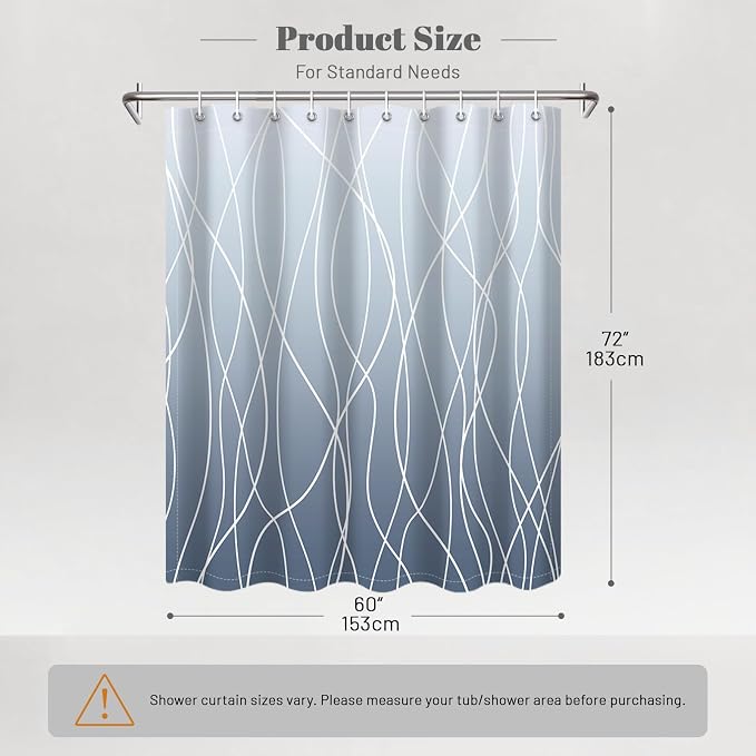 Striped Shower Curtain for Bathroom, Ombre Blue, 60" W x 72" L | with Hooks, Modern Hotel Style, Water Repellent, Washable, Weighted Hem