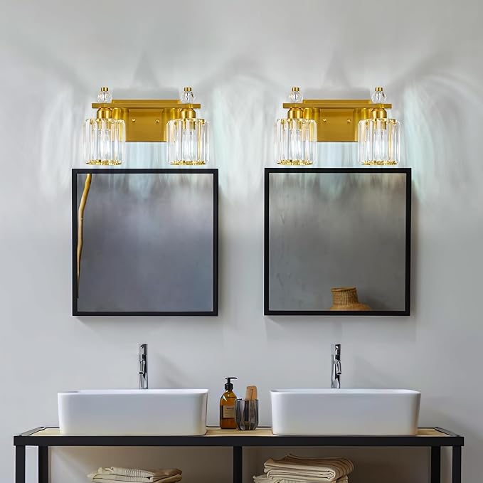Bathroom Vanity Lights 2-Light Gold Modern Crystal Vanity Light Fixtures Over Mirror Crystal Bathroom Vanity Lighting Fixtures