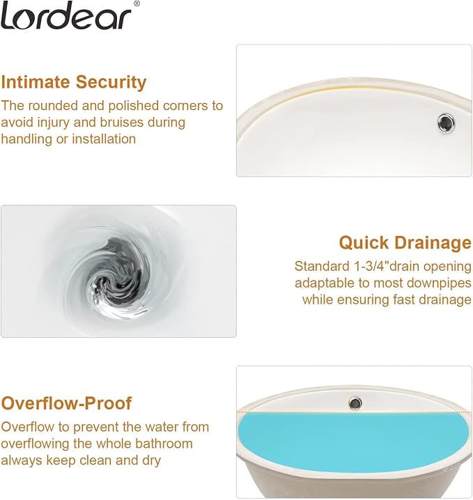 Lordear Undermount Bathroom Sink 19x16 Inch Bathroom Vanity Sink Undermount Round White Porcelain Ceramic Bathroom Under Counter Lavatory Vanity Sink Basin with Overflow