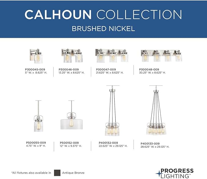 Progress Lighting P300047-009 Calhoun Collection Clear Glass Farmhouse Bath Vanity Light, 3-Light, Brushed Nickel