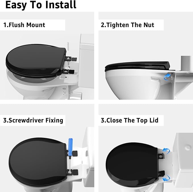 Toilet Seat Rround 16.5inch Soft Close， Toilet Lid Round PP Material Safe & Easy Clean & Quick Installation, Sturdy Accessories Never Loosen， 2 Years Support, Black…