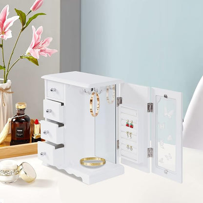 Vintage Wood Jewelry Box with 4 Drawers, Desktop Jewelry Organizer with Glass Door & Mirror, Necklace Ring Storage Display Case Built-in Necklace Carousel (White, Butterfly, 4 Drawers)