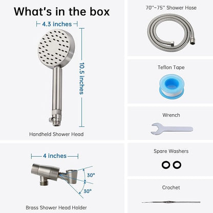 G-Promise All Metal Handheld Shower Head with Shut Off Valve & Long Hose | Built to Last, Water-Saving On/Off Pause Valve, Solid Brass Bracket Holder, 70" to 75" Flexible Stainless Steel Hose