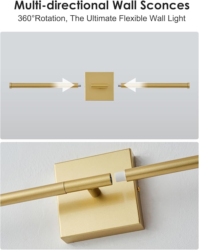 24.4 Inch Hardwired Wall Sconces Set of Two, 3000K Warm White Dimmable Modern Wall Sconces, 350° Rotate LED Light Fixtures Wall Lamp for Bathroom Living Room Bedroom Bedside, Gold
