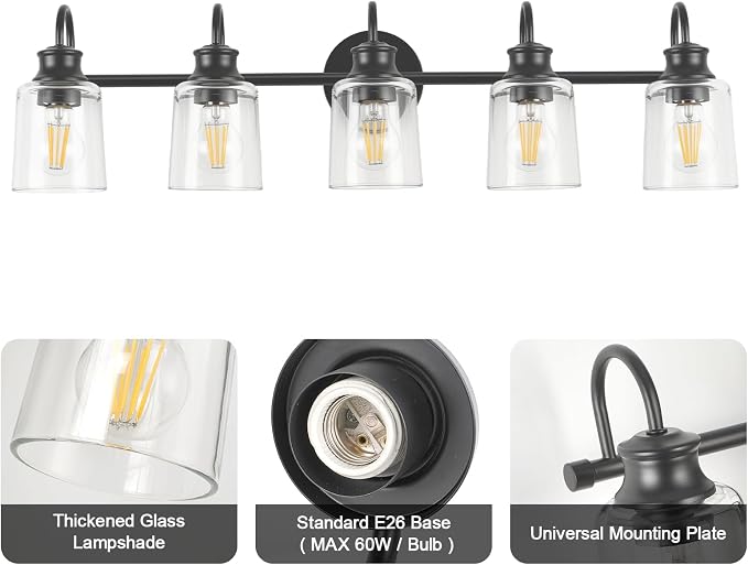 5 Lights Bathroom Light Fixtures Modern Black Vanity Lights | ETL Certificate, Easy to Install,Wall Mount Up or Down,Thickened Glass Lampshade,E26 Socket,Hardwired