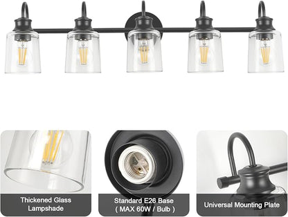 5 Lights Bathroom Light Fixtures Modern Black Vanity Lights | ETL Certificate, Easy to Install,Wall Mount Up or Down,Thickened Glass Lampshade,E26 Socket,Hardwired