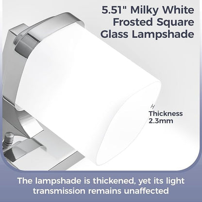 Vanity Lights for Bathroom, Farmhouse Bathroom Light Fixtures | 5-light chrome modern light fixture with milky white square glass shade, 36.5" modern bathroom lighting fixtures over mirror