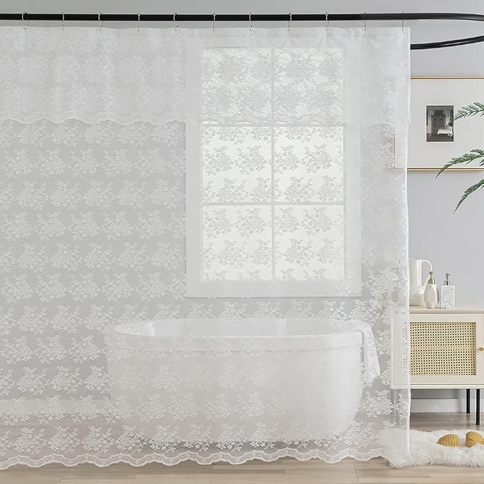 TUDECO White Lace Shower Curtain with Attached Valance 72 x 72 Inch | Elegant Floral, Vintage Bathroom Curtain, Scalloped Bottom, Brightens Space, Gentle Privacy, Machine Washable