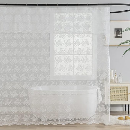 TUDECO White Lace Shower Curtain with Attached Valance 72 x 72 Inch | Elegant Floral, Vintage Bathroom Curtain, Scalloped Bottom, Brightens Space, Gentle Privacy, Machine Washable