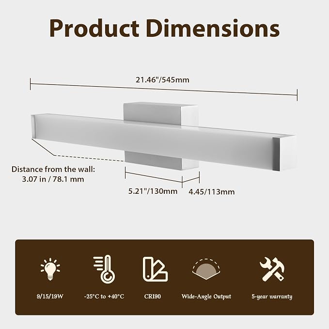22IN 5CCT Dimmable Vanity Light for Bathroom, Modern Wall Fixture Over Mirror