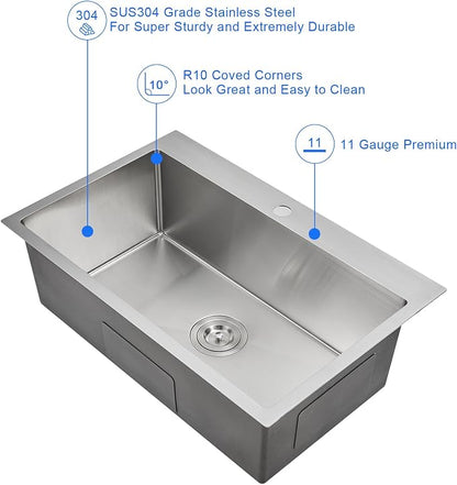 30"x18" Drop-In Single Bowl Sink 304 Stainless Steel 1-Hole | 30 inch Drop in Kitchen Sink | 304 SS Handmade | Topmount | 9" Deep Bowl | Family Kitchen/Prep | Large Capacity