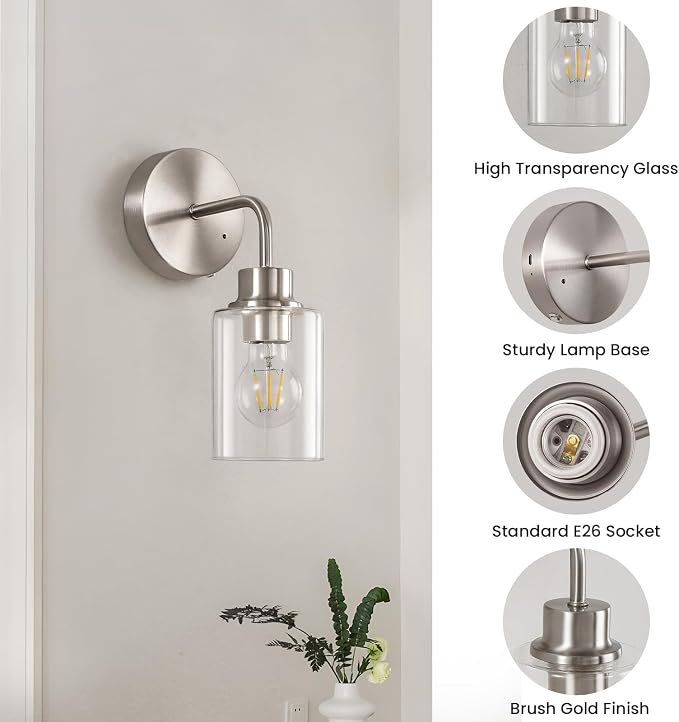 Epinl Battery Operated Wall Sconce Set of Two - Brushed Nickel Rechargeable Wireless Wall Sconces with Remote Control, Cordless Wall Lights 3000K Wall Lamp for Bedroom Bathroom Living Room