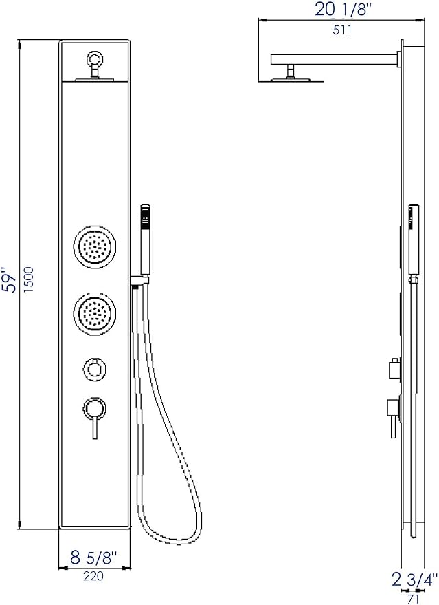 ALFI brand ABSP55B Black Glass Shower Panel with 2 Body Sprays and Rain Shower Head