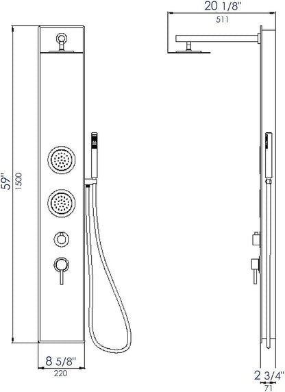 ALFI brand ABSP55B Black Glass Shower Panel with 2 Body Sprays and Rain Shower Head