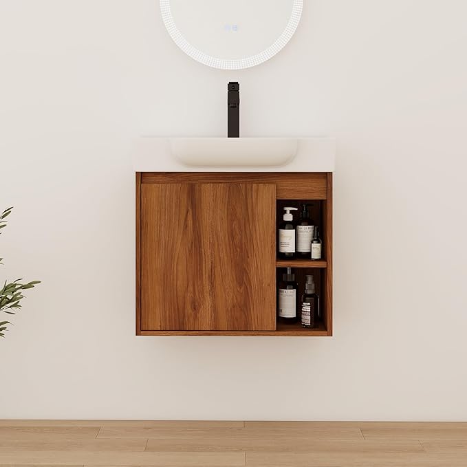 24" Wall-Mounted Bathroom Vanity with Ceramic Sink, 24 inch Floating Single Sink Vanity Cabinet Modern Brown 1-Door Design with Storage Shelf (Space-Saving for Small Bathrooms)