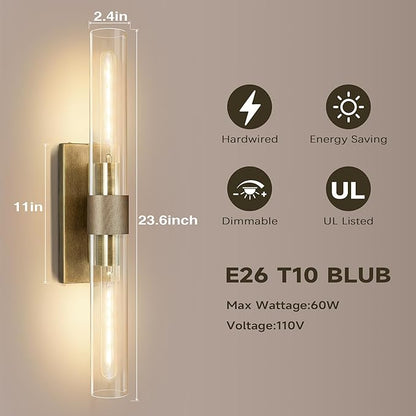 Wall Sconces Set of Two, Gold Bathroom Sconces Wall Lighting with Clear Glass, Modern Sconces Wall Decor Light Fixtures for Bathroom Mirror Living Room Hallway Bedroom