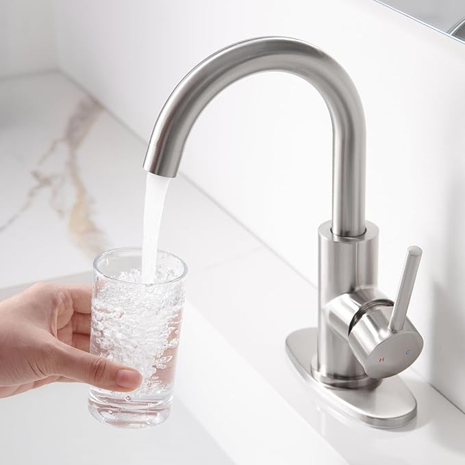 Brushed Nickel Bathroom Faucet - Single Hole Waterfall Bathroom Sink Faucet with Drain Assembly, 360° Swivel Spout Vanity Faucet Single Handle Lavatory Sink Faucet