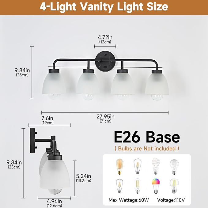 28 Inch Mid-Century Modern Vanity Lights, 4-Light Black Bathroom Light Fixture with Frosted White Bell Shades, Industrial Wall Sconce for Mirror Over Vanity, Bedroom, Hallway