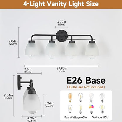 28 Inch Mid-Century Modern Vanity Lights, 4-Light Black Bathroom Light Fixture with Frosted White Bell Shades, Industrial Wall Sconce for Mirror Over Vanity, Bedroom, Hallway