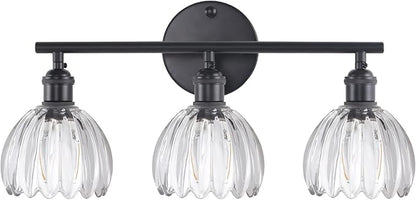 Bathroom Light Fixtures, 3-Light Black Vanity wall Light Over Mirror with Clear Tulip Glass Shade for Bedroom Living Room (Bulb Not Included)