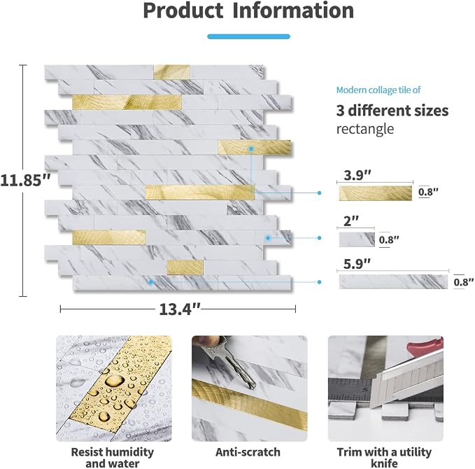 Art3d Faux Stone Peel & Stick Backsplash Tile, 10pcs, Gold Stud White Slate | PVC, Multi-Style Decor Sheets, Waterproof, Traceless Peel, No Wall Damage, Ideal for Kitchen