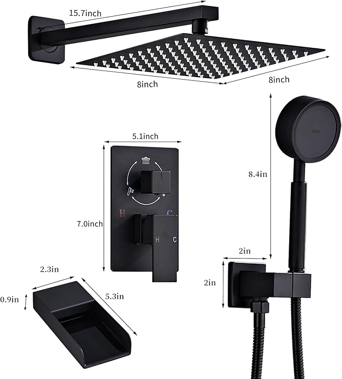 Matte Black Shower Tub Faucet Set, Wall Mounted 8 Inch Shower Heads with Handheld Spray Combo and Tub Shower Faucet, Luxury Bathroom Square Rain Shower System - 4 Hooks