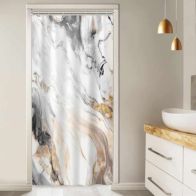 Stall Shower Curtain, Grey and White Marble Small Shower Curtain Modern Waterproof Shower Curtain Set with Hooks, 36x72 Inch