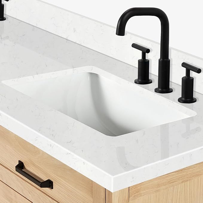 ARIEL Monroe 72-inch Bathroom Vanity with Sink,Solid Wood, 1.5-inch Carrara White Quartz Countertop & Backsplash, Double Oval Porcelain Sink, 9 Dovetail Drawers, Matte Black, White Oak