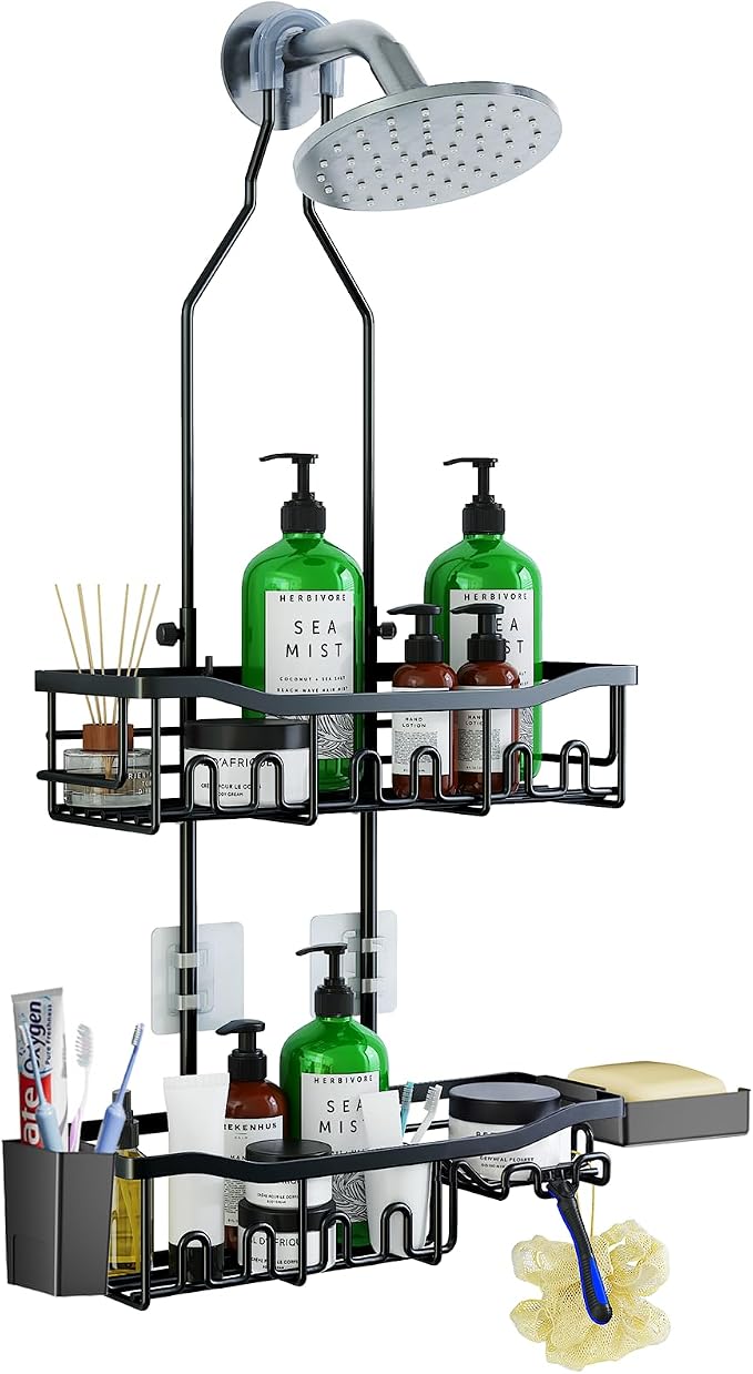 Upgraded Extended Length Shower Organizer with 16 Hooks, Rustproof Shampoo Soap Storage, Large Hanging Bathroom Caddy with Soap and Toothbrush Holder