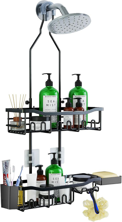 Upgraded Extended Length Shower Organizer with 16 Hooks, Rustproof Shampoo Soap Storage, Large Hanging Bathroom Caddy with Soap and Toothbrush Holder
